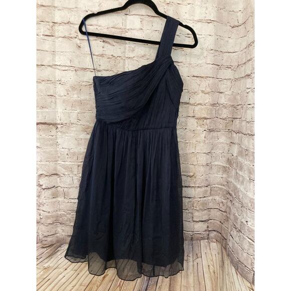 J. Crew Dress Womens 6 Silk Chiffon One Shoulder Pleated Navy Evening Party - Picture 1 of 16